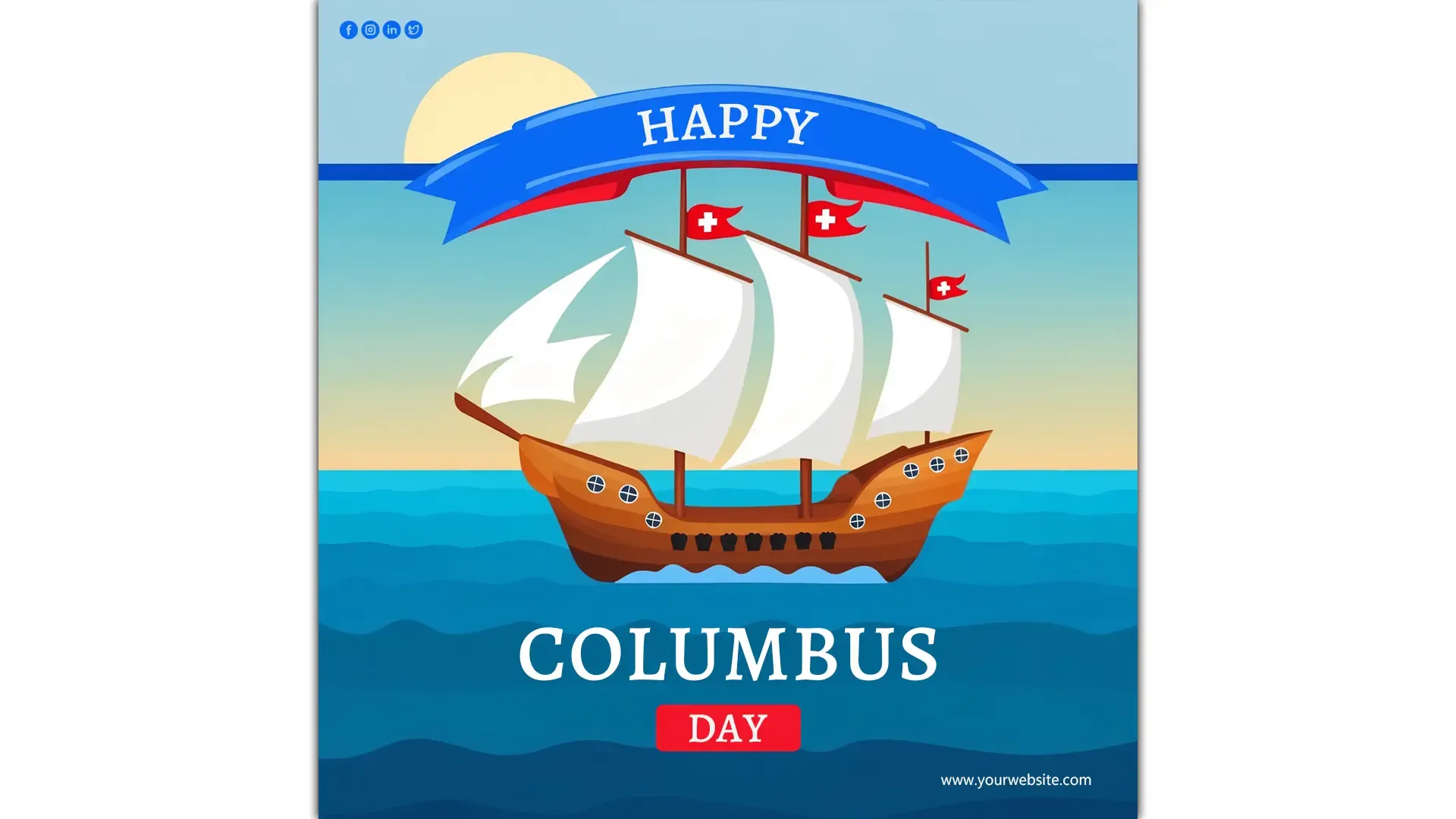 Happy Columbus Day Instagram Post with a Beautiful Ship Sailing at Sunrise